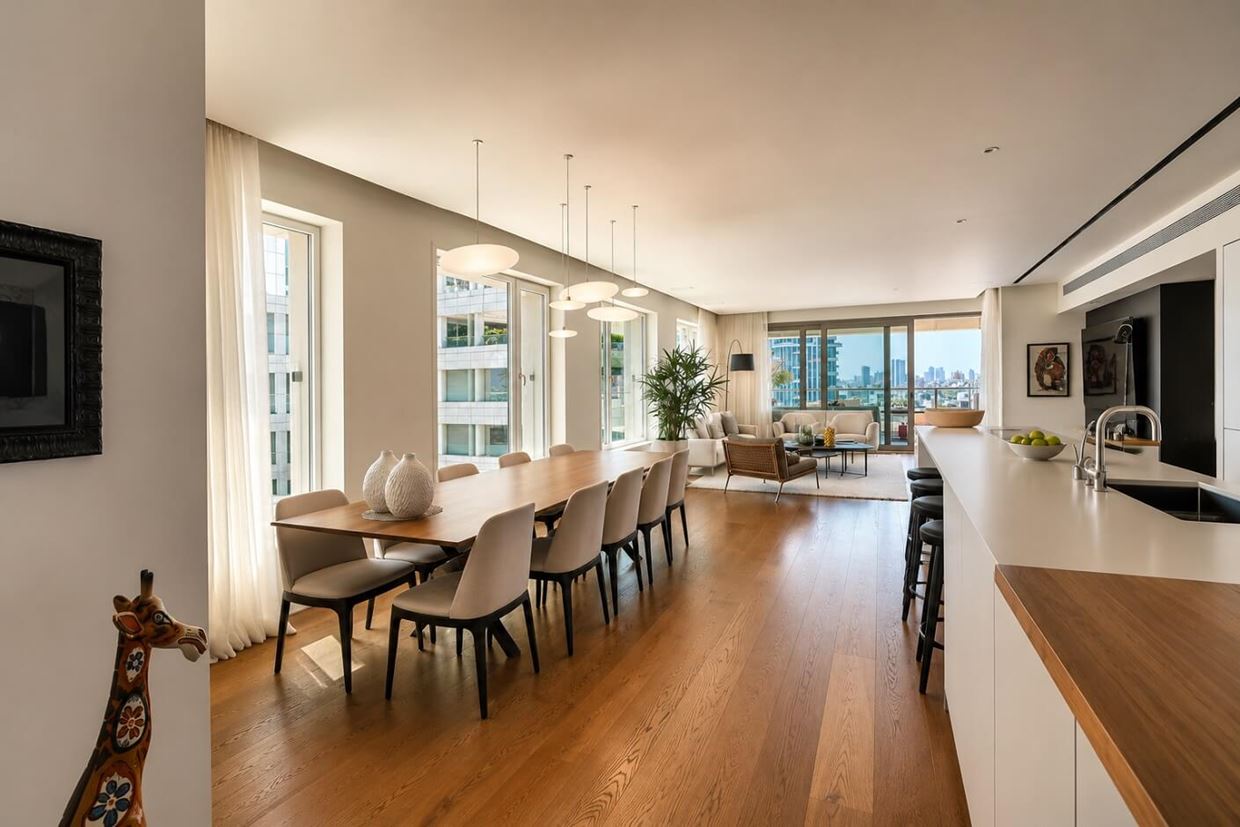 The Main Penthouse פרויקט תכנון ועיצוב פנים - צילום פינת אוכל מטבח וסלון | GMA אדריכלים