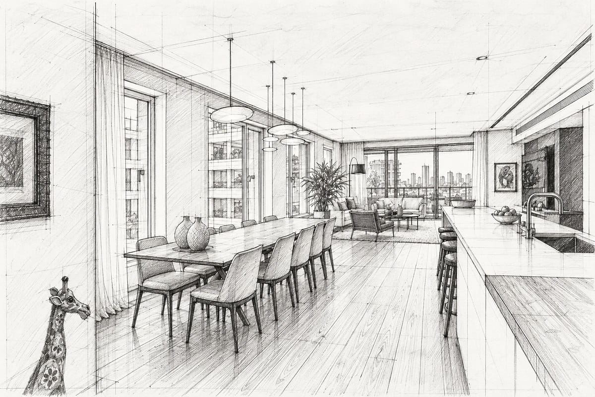 The Main Penthouse פרויקט תכנון ועיצוב פנים - סקיצה פינת אוכל מטבח וסלון | GMA אדריכלים